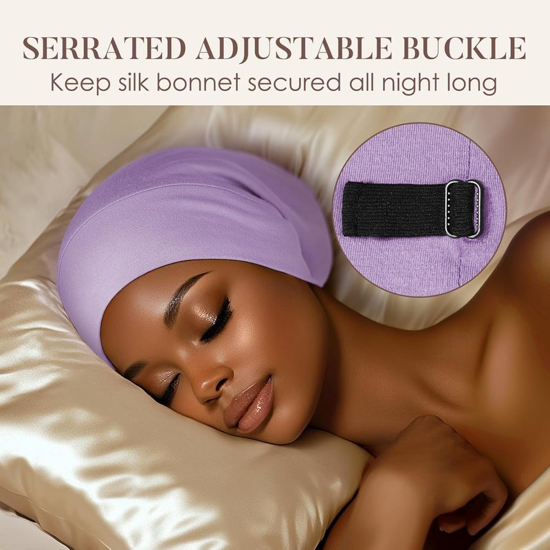 LULUSILK Mulberry Silk Lined Sleep Cap, No More Frizzy Tangled Hair, Stay On All Night Silk Hair Wrap for Sleeping with Adjustable Strap, Silk Bonnet for Women and Men, Lavender, Pack of 1 - Image 4